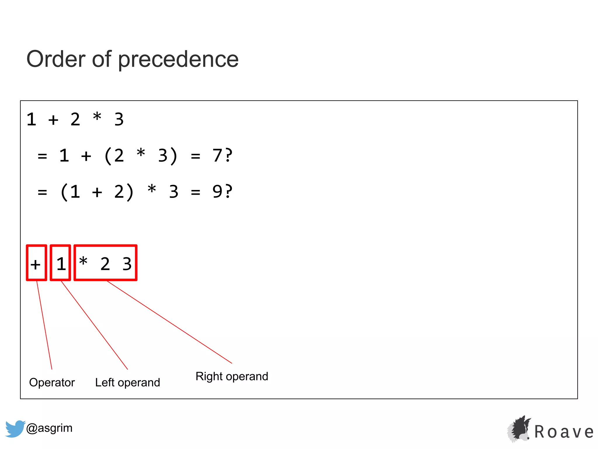 @asgrim
Order of precedence
1 + 2 * 3
= 1 + (2 * 3) = 7?
= (1 + 2) * 3 = 9?
+ 1 * 2 3
Operator Left operand
Right operand
 
