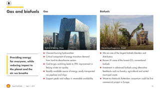 Royal Dutch Shell April 11, 2019 33
Gas and biofuels
◼ Cleanest-burning hydrocarbon
◼ Critical component of energy transition-demand
from hard-to-decarbonise sectors
◼ Coal-to-gas switching leads to 78% improvement in
Beijing winter air quality
◼ Readily available source of energy, easily transported
via pipelines and ships
◼ Support peaks and valleys in renewable availability
Gas
◼ We are one of the largest biofuels blenders and
distributors
◼ Raízen JV some of the lowest-CO2 conventional
biofuels
◼ Investment in advanced biofuels using alternative
feedstocks such as forestry, agricultural and sorted
municipal waste
◼ Waste-to-chemicals Rotterdam consortium could be first
commercial project in Europe
Biofuels
Providing energy
for everyone, while
reducing impact to
the planet and the
air we breathe
Skyline of Beijing, China Harvesting of sugarcane, Brazil
 