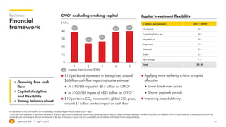 Royal Dutch Shell April 11, 2019 43
Resilience
Financial
framework
All information on this slide from the 2018 Shell Energy Transitions Report which is based on 2017 data.
1 Cash flow from operations; 2 Significant variations in oil and/or gas prices will potentially impact certain operating costs, or result in foreign exchange movements, the effect of which are not reflected in the $10 price sensitivity; 3 Assuming oil price fell from
around $65 per barrel today to $40 per barrel money of the day; 4 Assuming oil price rose from around $65 per barrel today to $100 per barrel money of the day.
$ billion
CFFO1 excluding working capital Capital investment flexibility
◼ Growing free cash
flow
◼ Capital discipline
and flexibility
◼ Strong balance sheet
◼ $10 per barrel movement in Brent prices, around
$6 billion cash flow impact indicative estimate2
◼ At $40/bbl impact of -$15 billion on CFFO3
◼ At $100/bbl impact of +$21 billion on CFFO4
◼ $10 per tonne CO2 movement in global CO2 price,
around $1 billion pre-tax impact on cash flow
◼ Applying more resiliency criteria to capital
allocation
◼ Lower break-even prices
◼ Shorter payback periods
◼ Improving project delivery
Average Brent oil price ($/bbl)
$ billion (per annum) 2018 – 2020
Oil products 4-5
Conventional oil + gas 4-5
Integrated gas 4-5
Deep water 5-6
Chemicals 3-4
Shales 2-3
New energies 1-2
Total 25-30
$#
0
10
20
30
40
1 2 3 4 5
$99
$52
$44
$54 $50
 