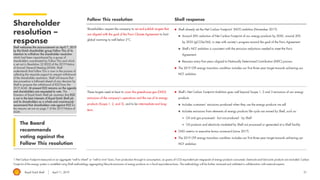 Royal Dutch Shell April 11, 2019
Shareholder
resolution –
response
Follow This resolution Shell response
Shareholders request the company to set and publish targets that
are aligned with the goal of the Paris Climate Agreement to limit
global warming to well below 2°C.
◼ Shell already set the Net Carbon Footprint1 (NCF) ambition (November 2017):
◼ Around 50% reduction of Net Carbon Footprint of our energy products by 2050, around 20%
by 2035 (gCO2e/MJ), in step with society’s progress toward the goal of the Paris Agreement
◼ Shell’s NCF ambition is consistent with the emission reductions needed to meet the Paris
Agreement.
◼ Reassess every five-years aligned to Nationally Determined Contribution (NDC) process
◼ The 2019 LTIP energy transition condition includes our first three-year target towards achieving our
NCF ambition
These targets need at least to cover the greenhouse gas (GHG)
emissions of the company’s operations and the use of its energy
products (Scope 1, 2, and 3), and to be intermediate and long-
term.
◼ Shell’s Net Carbon Footprint Ambition goes well beyond Scope 1, 2 and 3 emissions of our energy
products
◼ Includes customers’ emissions produced when they use the energy products we sell
◼ Includes emissions from elements of energy products life-cycle not owned by Shell, such as:
◼ Oil and gas processed - but not produced - by Shell
◼ Oil products and electricity marketed by Shell not processed or generated at a Shell facility
◼ GHG metrics in executive bonus scorecard (since 2017)
◼ The 2019 LTIP energy transition condition includes our first three-year target towards achieving our
NCF ambition
1 Net Carbon Footprint measured on an aggregate “well to wheel” or “well to wire” basis, from production through to consumption, on grams of CO2-equivalent per megajoule of energy products consumed; chemicals and lubricants products are excluded. Carbon
Footprint of the energy system is modelled using Shell methodology aggregating lifecycle emissions of energy products on a fossil-equivalence basis. The methodology will be further reviewed and validated in collaboration with external experts.
The Board
recommends
voting against the
Follow This resolution
51
Shell welcomes the announcement on April 7, 2019
by the Dutch shareholder group Follow This of its
intention to withdraw the shareholder resolution
which had been requisitioned by a group of
shareholders coordinated by Follow This and which
is set out in Resolution 22 (R22) of the 2019 Notice
of Annual General Meeting (AGM). Shell
understands that Follow This is now in the process of
collecting the requisite support to request withdrawal
of the shareholder resolution. Shell will ensure that
due procedure is followed ahead of any decision by
Shell to propose the withdrawal of R22 from the
2019 AGM. At present R22 remains on the agenda
and shareholders are requested to vote. The
Directors of Royal Dutch Shell plc maintain that R22
is not in the best interests of Royal Dutch Shell plc
and its shareholders as a whole and unanimously
recommend that shareholders vote against R22 for
the reasons set out on page 7 of the 2019 Notice of
AGM.
 