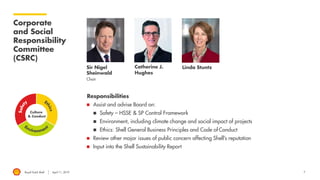 Royal Dutch Shell April 11, 2019
Linda StuntzCatherine J.
Hughes
Sir Nigel
Sheinwald
Chair
Responsibilities
◼ Assist and advise Board on:
◼ Safety – HSSE & SP Control Framework
◼ Environment, including climate change and social impact of projects
◼ Ethics: Shell General Business Principles and Code of Conduct
◼ Review other major issues of public concern affecting Shell’s reputation
◼ Input into the Shell Sustainability Report
Corporate
and Social
Responsibility
Committee
(CSRC)
7
Culture
& Conduct
 