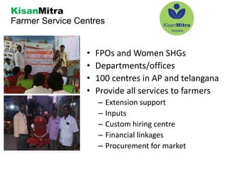 KisanMitra
Farmer Service Centres
• FPOs and Women SHGs
• Departments/offices
• 100 centres in AP and telangana
• Provide all services to farmers
– Extension support
– Inputs
– Custom hiring centre
– Financial linkages
– Procurement for market
 