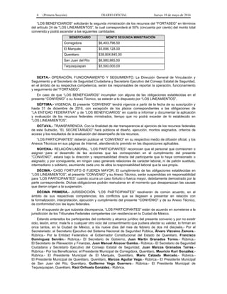 6 (Primera Sección) DIARIO OFICIAL Jueves 19 de mayo de 2016
“LOS BENEFICIARIOS” solicitarán la segunda ministración de los recursos del “FORTASEG” en términos
del artículo 24 de “LOS LINEAMIENTOS”, la cual corresponderá al 50% (cincuenta por ciento) del monto total
convenido y podrá ascender a las siguientes cantidades:
BENEFICIARIO MONTO SEGUNDA MINISTRACIÓN
Corregidora $6,403,796.50
El Marqués $5,696,128.00
Querétaro $38,804,845.00
San Juan del Río $6,980,865.50
Tequisquiapan $5,500,000.00
SEXTA.- OPERACIÓN, FUNCIONAMIENTO Y SEGUIMIENTO. La Dirección General de Vinculación y
Seguimiento y el Secretario de Seguridad Ciudadana y Secretario Ejecutivo del Consejo Estatal de Seguridad,
en el ámbito de su respectiva competencia, serán los responsables de reportar la operación, funcionamiento
y seguimiento del “FORTASEG”.
En caso de que “LOS BENEFICIARIOS” incumplan con alguna de las obligaciones establecidas en el
presente “CONVENIO” o su Anexo Técnico, se estarán a lo dispuesto por “LOS LINEAMIENTOS”.
SÉPTIMA.- VIGENCIA. El presente “CONVENIO” tendrá vigencia a partir de la fecha de su suscripción y
hasta 31 de diciembre de 2016, con excepción de los plazos correspondientes a las obligaciones de
“LA ENTIDAD FEDERATIVA” y de “LOS BENEFICIARIOS” en cuanto a informar y documentar la aplicación
y evaluación de los recursos federales ministrados, tiempo que no podrá exceder de lo establecido en
“LOS LINEAMIENTOS”.
OCTAVA.- TRANSPARENCIA. Con la finalidad de dar transparencia al ejercicio de los recursos federales
de este Subsidio, “EL SECRETARIADO” hará públicos el diseño, ejecución, montos asignados, criterios de
acceso y los resultados de la evaluación del desempeño de los recursos.
“LOS PARTICIPANTES” deberán publicar el “CONVENIO” en su respectivo medio de difusión oficial, y los
Anexos Técnicos en sus páginas de Internet, atendiendo lo previsto en las disposiciones aplicables.
NOVENA.- RELACIÓN LABORAL. “LOS PARTICIPANTES” reconocen que el personal que comisionen o
asignen para el desarrollo de las acciones que les correspondan en el cumplimiento del presente
“CONVENIO”, estará bajo la dirección y responsabilidad directa del participante que lo haya comisionado o
asignado; y por consiguiente, en ningún caso generará relaciones de carácter laboral, ni de patrón sustituto,
intermediario o solidario, asumiendo cada uno de ellos la responsabilidad laboral que le sea propia.
DÉCIMA.- CASO FORTUITO O FUERZA MAYOR. El cumplimiento de las obligaciones establecidas en
“LOS LINEAMIENTOS”, el presente “CONVENIO” y su Anexo Técnico, serán suspendidas sin responsabilidad
para “LOS PARTICIPANTES” cuando ocurra un caso fortuito o fuerza mayor, debidamente demostrado por la
parte correspondiente. Dichas obligaciones podrán reanudarse en el momento que desaparezcan las causas
que dieron origen a la suspensión.
DÉCIMA PRIMERA.- JURISDICCIÓN. “LOS PARTICIPANTES” resolverán de común acuerdo, en el
ámbito de sus respectivas competencias, los conflictos que se llegasen a presentar en relación con
la formalización, interpretación, ejecución y cumplimiento del presente “CONVENIO” y de su Anexo Técnico,
de conformidad con las leyes federales.
En el supuesto de que subsista discrepancia, “LOS PARTICIPANTES” están de acuerdo en someterse a la
jurisdicción de los Tribunales Federales competentes con residencia en la Ciudad de México.
Estando enterados los participantes del contenido y alcance jurídico del presente convenio y por no existir
dolo, lesión, error, mala fe o cualquier otro vicio del consentimiento que pudiera afectar su validez, lo firman en
once tantos, en la Ciudad de México, a los nueve días del mes de febrero de dos mil dieciséis.- Por el
Secretariado: el Secretario Ejecutivo del Sistema Nacional de Seguridad Pública, Álvaro Vizcaíno Zamora.-
Rúbrica.- Por la Entidad Federativa: el Gobernador Constitucional del Estado de Querétaro, Francisco
Domínguez Servién.- Rúbrica.- El Secretario de Gobierno, Juan Martín Granados Torres.- Rúbrica.-
El Secretario de Planeación y Finanzas, Juan Manuel Alcocer Gamba.- Rúbrica.- El Secretario de Seguridad
Ciudadana y Secretario Ejecutivo del Consejo Estatal de Seguridad, Juan Marcos Granados Torres.-
Rúbrica.- Por los Beneficiarios: el Presidente Municipal de Corregidora, Querétaro, Mauricio Kuri González.-
Rúbrica.- El Presidente Municipal de El Marqués, Querétaro, Mario Calzada Mercado.- Rúbrica.-
El Presidente Municipal de Querétaro, Querétaro, Marcos Aguilar Vega.- Rúbrica.- El Presidente Municipal
de San Juan del Río, Querétaro, Guillermo Vega Guerrero.- Rúbrica.- El Presidente Municipal de
Tequisquiapan, Querétaro, Raúl Orihuela González.- Rúbrica.
 
