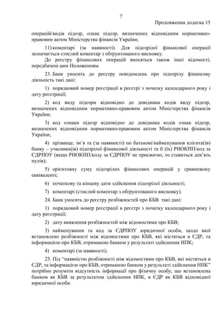 7
Продовження додатка 15
операцій/видів підозр, ознак підозр, визначених відповідним нормативно-
правовим актом Міністерства фінансів України;
11) коментарі (за наявності). Для підозрілої фінансової операції
зазначається стислий коментар з обґрунтованого висновку.
До реєстру фінансових операцій вносяться також інші відомості,
передбачені цим Положенням.
23. Банк уносить до реєстру повідомлень про підозрілу фінансову
діяльність такі дані:
1) порядковий номер реєстрації в реєстрі з початку календарного року і
дату реєстрації;
2) код виду підозри відповідно до довідника кодів виду підозр,
визначених відповідним нормативно-правовим актом Міністерства фінансів
України;
3) код ознаки підозр відповідно до довідника кодів ознак підозр,
визначених відповідним нормативно-правовим актом Міністерства фінансів
України;
4) прізвище, ім’я та (за наявності) по батькові/найменування клієнта(ів)
банку ‒ учасника(ів) підозрілої фінансової діяльності та її (їх) РНОКПП/код за
ЄДРПОУ (якщо РНОКПП/коду за ЄДРПОУ не присвоєно, то ставиться дев’ять
нулів);
5) орієнтовну суму підозрілих фінансових операцій у гривневому
еквіваленті;
6) початкову та кінцеву дати здійснення підозрілої діяльності;
7) коментарі (стислий коментар з обґрунтованого висновку).
24. Банк уносить до реєстру розбіжностей про КБВ такі дані:
1) порядковий номер реєстрації в реєстрі з початку календарного року і
дату реєстрації;
2) дату виявлення розбіжностей між відомостями про КБВ;
3) найменування та код за ЄДРПОУ юридичної особи, щодо якої
встановлено розбіжності між відомостями про КБВ, які містяться в ЄДР, та
інформацією про КБВ, отриманою банком у результаті здійснення НПК;
4) коментарі (за наявності).
25. Під “наявністю розбіжності між відомостями про КБВ, які містяться в
ЄДР, та інформацією про КБВ, отриманою банком у результаті здійснення НПК”
потрібно розуміти відсутність інформації про фізичну особу, що встановлена
банком як КБВ за результатом здійснення НПК, в ЄДР як КБВ відповідної
юридичної особи.
 