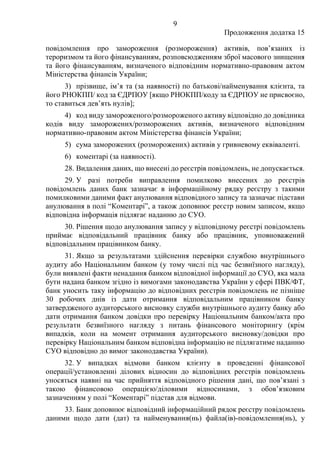 9
Продовження додатка 15
повідомлення про замороження (розмороження) активів, пов’язаних із
тероризмом та його фінансуванням, розповсюдженням зброї масового знищення
та його фінансуванням, визначеного відповідним нормативно-правовим актом
Міністерства фінансів України;
3) прізвище, ім’я та (за наявності) по батькові/найменування клієнта, та
його РНОКПП/ код за ЄДРПОУ [якщо РНОКПП/коду за ЄДРПОУ не присвоєно,
то ставиться дев’ять нулів];
4) код виду замороженого/розмороженого активу відповідно до довідника
кодів виду заморожених/розморожених активів, визначеного відповідним
нормативно-правовим актом Міністерства фінансів України;
5) сума заморожених (розморожених) активів у гривневому еквіваленті.
6) коментарі (за наявності).
28. Видалення даних, що внесені до реєстрів повідомлень, не допускається.
29. У разі потреби виправлення помилково внесених до реєстрів
повідомлень даних банк зазначає в інформаційному рядку реєстру з такими
помилковими даними факт анулювання відповідного запису та зазначає підстави
анулювання в полі “Коментарі”, а також доповнює реєстр новим записом, якщо
відповідна інформація підлягає наданню до СУО.
30. Рішення щодо анулювання запису у відповідному реєстрі повідомлень
приймає відповідальний працівник банку або працівник, уповноважений
відповідальним працівником банку.
31. Якщо за результатами здійснення перевірки службою внутрішнього
аудиту або Національним банком (у тому числі під час безвиїзного нагляду),
були виявлені факти ненадання банком відповідної інформації до СУО, яка мала
бути надана банком згідно із вимогами законодавства України у сфері ПВК/ФТ,
банк уносить таку інформацію до відповідних реєстрів повідомлень не пізніше
30 робочих днів із дати отримання відповідальним працівником банку
затвердженого аудиторського висновку служби внутрішнього аудиту банку або
дати отримання банком довідки про перевірку Національним банком/акта про
результати безвиїзного нагляду з питань фінансового моніторингу (крім
випадків, коли на момент отримання аудиторського висновку/довідки про
перевірку Національним банком відповідна інформацію не підлягатиме наданню
СУО відповідно до вимог законодавства України).
32. У випадках відмови банком клієнту в проведенні фінансової
операції/установленні ділових відносин до відповідних реєстрів повідомлень
уносяться наявні на час прийняття відповідного рішення дані, що пов’язані з
такою фінансовою операцією/діловими відносинами, з обов’язковим
зазначенням у полі “Коментарі” підстав для відмови.
33. Банк доповнює відповідний інформаційний рядок реєстру повідомлень
даними щодо дати (дат) та найменування(нь) файла(ів)-повідомлення(нь), у
 