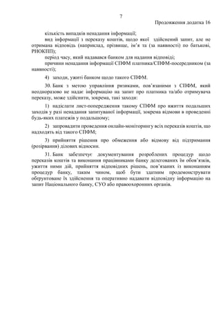 7
Продовження додатка 16
кількість випадків ненадання інформації;
вид інформації з переказу коштів, щодо якої здійснений запит, але не
отримана відповідь (наприклад, прізвище, ім’я та (за наявності) по батькові,
РНОКПП);
період часу, який надавався банком для надання відповіді;
причини ненадання інформації СПФМ платника/СПФМ-посередником (за
наявності);
4) заходи, ужиті банком щодо такого СПФМ.
30. Банк з метою управління ризиками, пов’язаними з СПФМ, який
неодноразово не надає інформацію на запит про платника та/або отримувача
переказу, може здійснити, зокрема, такі заходи:
1) надіслати лист-попередження такому СПФМ про вжиття подальших
заходів у разі ненадання запитуваної інформації, зокрема відмови в проведенні
будь-яких платежів у подальшому;
2) запровадити проведення онлайн-моніторингу всіх переказів коштів, що
надходять від такого СПФМ;
3) прийняття рішення про обмеження або відмову від підтримання
(розірвання) ділових відносин.
31. Банк забезпечує документування розроблених процедур щодо
переказів коштів та виконання працівниками банку делегованих їм обов’язків,
ужиття ними дій, прийняття відповідних рішень, пов’язаних із виконанням
процедур банку, таким чином, щоб бути здатним продемонструвати
обґрунтоване їх здійснення та оперативно надавати відповідну інформацію на
запит Національного банку, СУО або правоохоронних органів.
 