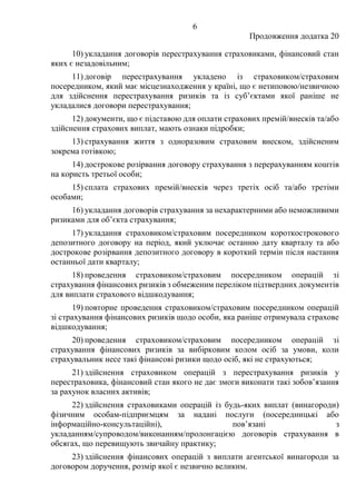 6
Продовження додатка 20
10) укладання договорів перестрахування страховиками, фінансовий стан
яких є незадовільним;
11) договір перестрахування укладено із страховиком/страховим
посередником, який має місцезнаходження у країні, що є нетиповою/незвичною
для здійснення перестрахування ризиків та із суб’єктами якої раніше не
укладалися договори перестрахування;
12) документи, що є підставою для оплати страхових премій/внесків та/або
здійснення страхових виплат, мають ознаки підробки;
13) страхування життя з одноразовим страховим внеском, здійсненим
зокрема готівкою;
14) дострокове розірвання договору страхування з перерахуванням коштів
на користь третьої особи;
15) сплата страхових премій/внесків через третіх осіб та/або третіми
особами;
16) укладання договорів страхування за нехарактерними або неможливими
ризиками для об’єкта страхування;
17) укладання страховиком/страховим посередником короткострокового
депозитного договору на період, який уключає останню дату кварталу та або
дострокове розірвання депозитного договору в короткий термін після настання
останньої дати кварталу;
18) проведення страховиком/страховим посередником операцій зі
страхування фінансових ризиків з обмеженим переліком підтвердних документів
для виплати страхового відшкодування;
19) повторне проведення страховиком/страховим посередником операцій
зі страхування фінансових ризиків щодо особи, яка раніше отримувала страхове
відшкодування;
20) проведення страховиком/страховим посередником операцій зі
страхування фінансових ризиків за вибірковим колом осіб за умови, коли
страхувальник несе такі фінансові ризики щодо осіб, які не страхуються;
21) здійснення страховиком операцій з перестрахування ризиків у
перестраховика, фінансовий стан якого не дає змоги виконати такі зобов’язання
за рахунок власних активів;
22) здійснення страховиками операцій із будь-яких виплат (винагороди)
фізичним особам-підприємцям за надані послуги (посередницькі або
інформаційно-консультаційні), пов’язані з
укладанням/супроводом/виконанням/пролонгацією договорів страхування в
обсягах, що перевищують звичайну практику;
23) здійснення фінансових операцій з виплати агентської винагороди за
договором доручення, розмір якої є незвично великим.
 