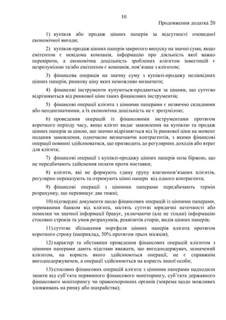 10
Продовження додатка 20
1) купівля або продаж цінних паперів за відсутності очевидної
економічної вигоди;
2) купівля-продаж цінних паперів закритого випуску на значні суми, якщо
емітентом є невідома компанія, інформацію про діяльність якої важко
перевірити, а економічна доцільність зроблених клієнтом інвестицій є
незрозумілою та/або емітентом є компанія, пов’язана з клієнтом;
3) фінансова операція на значну суму з купівлі-продажу неліквідних
цінних паперів, ринкову ціну яких неможливо визначити;
4) фінансові інструменти купуються-продаються за цінами, що суттєво
відрізняються від ринкової ціни таких фінансових інструментів;
5) фінансові операції клієнта з цінними паперами є незвично складними
або неоднозначними, а їх економічна доцільність не є зрозумілою;
6) проведення операцій із фінансовими інструментами протягом
короткого періоду часу, якщо клієнт видає замовлення на купівлю та продаж
цінних паперів за ціною, що значно відрізняється від їх ринкової ціни на момент
подання замовлення, одночасно визначаючи контрагентів, з якими фінансові
операції повинні здійснюватися, що призводить до регулярних доходів або втрат
для клієнта;
7) фінансові операції з купівлі-продажу цінних паперів поза біржою, що
не передбачають здійснення оплати проти поставки;
8) клієнти, які не формують єдину групу взаємопов’язаних клієнтів,
регулярно переказують та отримують цінні папери від одного контрагента;
9) фінансові операції з цінними паперами передбачають термін
розрахунку, що перевищує два тижні;
10) підтвердні документи щодо фінансових операцій із цінними паперами,
отриманими банком від клієнта, містять суттєві юридичні неточності або
помилки чи значної інформації бракує, уключаючи (але не тільки) інформацію
стосовно строків та умов розрахунків, реквізитів сторін, видів цінних паперів;
11) суттєве збільшення портфеля цінних паперів клієнта протягом
короткого строку (наприклад, 50% протягом трьох місяців);
12) характер та обставини проведення фінансових операцій клієнтом з
цінними паперами дають підстави вважати, що вигодоодержувач, зазначений
клієнтом, на користь якого здійснюються операції, не є справжнім
вигодоодержувачем, а операції здійснюються на користь іншої особи;
13) стосовно фінансових операцій клієнта з цінними паперами надходили
запити від суб’єкта первинного фінансового моніторингу, суб’єкта державного
фінансового моніторингу чи правоохоронних органів (зокрема щодо можливих
зловживань на ринку або шахрайства);
 