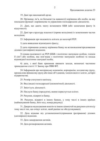 2
Продовження додатка 23
19. Дані про виконавчий орган.
20. Прізвище, ім’я, по батькові (за наявності) керівника або особи, на яку
покладено функції з керівництва та управління господарською діяльністю.
21. Дані, що дають змогу встановити КБВ (або зазначення факту їх
відсутності).
22. Дані про структуру власності (пряме володіння) із зазначенням частки
володіння;
23. Інформація про належність клієнта до категорії PEP:
1) дата виявлення відповідного факту;
2) дата отримання дозволу керівника банку на встановлення/продовження
ділових (договірних) відносин;
3) ознака належності до PEP (КБВ є політично значущою особою, членом
її сім’ї або особою, яка пов’язана з політично значущою особою) та посада
відповідної політично значущої особи;
4) дата, з якої банк припинив вживати заходи, визначені частиною
тринадцятою статті 11 Закону про ПВК/ФТ.
24. Інформація про материнську компанію, корпорацію, холдингову групу,
промислово-фінансову групу або інше об’єднання, членом якого є клієнт, дочірні
підприємства.
25. Розмір статутного капіталу.
26. Вид (види) господарської (економічної) діяльності.
27. Зміст/суть діяльності.
28. Послуги банку (продукти), якими користується клієнт.
29. Рахунки, відкриті в банку.
30. Рахунки, відкриті в інших банках, у тому числі в інших країнах
(найменування банку, його код, номер рахунку).
31. Джерела надходження коштів та інших цінностей на рахунки клієнта (у
тому числі тих, що очікує клієнт, який раніше не обслуговувався).
32. Дата відмови від установлення/підтримання (розірвання) ділових
(договірних) відносин.
33. Дата замороження активів.
34. Дата розмороження активів.
 