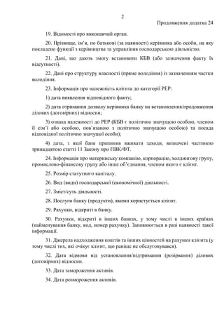 2
Продовження додатка 24
19. Відомості про виконавчий орган.
20. Прізвище, ім’я, по батькові (за наявності) керівника або особи, на яку
покладено функції з керівництва та управління господарською діяльністю.
21. Дані, що дають змогу встановити КБВ (або зазначення факту їх
відсутності).
22. Дані про структуру власності (пряме володіння) із зазначенням частки
володіння.
23. Інформація про належність клієнта до категорії PEP:
1) дата виявлення відповідного факту;
2) дата отримання дозволу керівника банку на встановлення/продовження
ділових (договірних) відносин;
3) ознака належності до PEP (КБВ є політично значущою особою, членом
її сім’ї або особою, пов’язаною з політично значущою особою) та посада
відповідної політично значущої особи);
4) дата, з якої банк припинив вживати заходи, визначені частиною
тринадцятою статті 11 Закону про ПВК/ФТ.
24. Інформація про материнську компанію, корпорацію, холдингову групу,
промислово-фінансову групу або інше об’єднання, членом якого є клієнт.
25. Розмір статутного капіталу.
26. Вид (види) господарської (економічної) діяльності.
27. Зміст/суть діяльності.
28. Послуги банку (продукти), якими користується клієнт.
29. Рахунки, відкриті в банку.
30. Рахунки, відкриті в інших банках, у тому числі в інших країнах
(найменування банку, код, номер рахунку). Заповнюється в разі наявності такої
інформації.
31. Джерела надходження коштів та інших цінностей на рахунки клієнта (у
тому числі тих, які очікує клієнт, що раніше не обслуговувався).
32. Дата відмови від установлення/підтримання (розірвання) ділових
(договірних) відносин.
33. Дата замороження активів.
34. Дата розмороження активів.
 
