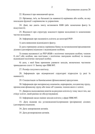 2
Продовження додатка 28
22. Відомості про виконавчий орган.
23. Прізвище, ім'я, по батькові (за наявності) керівника або особи, на яку
покладено функції з керівництва та управління.
24. Дані, що дають змогу встановити КБВ (або зазначення факту їх
відсутності).
25. Відомості про структуру власності (пряме володіння) із зазначенням
частки володіння.
26. Інформація про належність клієнта до категорії РЕР:
1) дата виявлення відповідного факту;
2) дата отримання дозволу керівника банку на встановлення/продовження
ділових (договірних) відносин з відповідною особою;
3) ознака належності до PEP (КБВ є політично значущою особою, членом
її сім’ї або особою, яка пов’язана з політично значущою особою) та посада
відповідної політично значущої особи);
4) дата, з якої банк припинив уживати заходів, визначених частиною
тринадцятою статті 11 Закону про ПВК/ФТ.
27. Розмір статутного капіталу.
28. Інформація про відокремлені структурні підрозділи (у разі їх
наявності).
29. Спеціалізація за банківськими (фінансовими) продуктами.
30. Інформація про материнську компанію, корпорацію, холдингову групу,
промислово-фінансову групу або інше об’єднання, членом якого є клієнт.
31. Джерела надходження коштів на рахунки клієнта (у тому числі тих, що
очікує клієнт, який раніше не обслуговувався).
32. Інформація щодо оцінки заходів клієнта у сфері ПВК/ФТ.
33. Дата відмови від установлення/підтримання (розірвання) ділових
(договірних) відносин.
34. Дата замороження активів.
35. Дата розмороження активів.
 