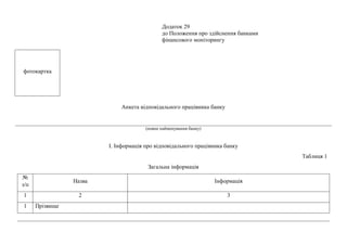 Додаток 29
до Положення про здійснення банками
фінансового моніторингу
фотокартка
Анкета відповідального працівника банку
(повне найменування банку)
І. Інформація про відповідального працівника банку
Таблиця 1
Загальна інформація
№
з/п
Назва Інформація
1 2 3
1 Прізвище
 