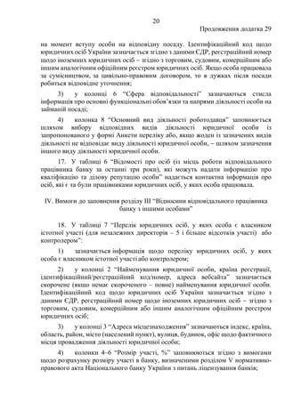 20
Продовження додатка 29
на момент вступу особи на відповідну посаду. Ідентифікаційний код щодо
юридичних осіб України зазначається згідно з даними ЄДР, реєстраційний номер
щодо іноземних юридичних осіб − згідно з торговим, судовим, комерційним або
іншим аналогічним офіційним реєстром юридичних осіб. Якщо особа працювала
за сумісництвом, за цивільно-правовим договором, то в дужках після посади
робиться відповідне уточнення;
3) у колонці 6 “Сфера відповідальності” зазначаються стисла
інформація про основні функціональні обов’язки та напрями діяльності особи на
займаній посаді;
4) колонка 8 “Основний вид діяльності роботодавця” заповнюється
шляхом вибору відповідних видів діяльності юридичної особи із
запропонованого у формі Анкети переліку або, якщо жоден із зазначених видів
діяльності не відповідає виду діяльності юридичної особи, − шляхом зазначення
іншого виду діяльності юридичної особи.
17. У таблиці 6 “Відомості про осіб (із місць роботи відповідального
працівника банку за останні три роки), які можуть надати інформацію про
кваліфікацію та ділову репутацію особи” надається контактна інформація про
осіб, які є та були працівниками юридичних осіб, у яких особа працювала.
IV. Вимоги до заповнення розділу ІІІ “Відносини відповідального працівника
банку з іншими особами”
18. У таблиці 7 “Перелік юридичних осіб, у яких особа є власником
істотної участі (для незалежних директорів – 5 і більше відсотків участі) або
контролером”:
1) зазначається інформація щодо переліку юридичних осіб, у яких
особа є власником істотної участі або контролером;
2) у колонці 2 “Найменування юридичної особи, країна реєстрації,
ідентифікаційний/реєстраційний код/номер, адреса вебсайта” зазначається
скорочене (якщо немає скороченого – повне) найменування юридичної особи.
Ідентифікаційний код щодо юридичних осіб України зазначається згідно з
даними ЄДР, реєстраційний номер щодо іноземних юридичних осіб − згідно з
торговим, судовим, комерційним або іншим аналогічним офіційним реєстром
юридичних осіб;
3) у колонці 3 “Адреса місцезнаходження” зазначаються індекс, країна,
область, район, місто (населений пункт), вулиця, будинок, офіс щодо фактичного
місця провадження діяльності юридичної особи;
4) колонки 4‒6 “Розмір участі, %” заповнюються згідно з вимогами
щодо розрахунку розміру участі в банку, визначеними розділом V нормативно-
правового акта Національного банку України з питань ліцензування банків;
 