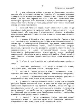 21
Продовження додатка 29
5) у разі здійснення особою незалежно від формального володіння
значного або вирішального впливу на управління або діяльність юридичної
особи у колонці 7 “Наявність впливу на юридичну особу” зазначається “значний
вплив – до 50%” або “вирішальний вплив – від 50%”. Визначення особи
контролером юридичної особи здійснюється відповідно до визначення терміну,
наведеного в статті 2 Закону про банки. За відсутності такого впливу в зазначеній
колонці проставляється прочерк;
6) колонка 8 “Основний вид діяльності” заповнюється шляхом вибору
відповідних видів діяльності юридичної особи із запропонованого у формі
Анкети переліку або, якщо жоден із зазначених видів діяльності не відповідає
виду діяльності юридичної особи, − шляхом зазначення іншого виду діяльності
юридичної особи;
7) у колонці 9 “Наявність зв’язку юридичної особи з банком та його
опис” зазначаються (за наявності) будь-які наявні відносини юридичної особи з
банком про надання/отримання фінансових, юридичних, консультаційних
послуг, постачання/споживання товарів, майнових/немайнових інтересів
[наприклад, отримання кредитів, розміщення депозитів, відкриття рахунків,
надання/отримання в оренду нерухомого/рухомого майна, спільна
інфраструктура (місцезнаходження, інтернет-адреса, номери телефонів),
наявність осіб, які суміщають посади в юридичній особі та в банку, наявність
ознак економічної залежності один від одного, володіння участю один в одному
та інше].
19. У таблиці 8 “Асоційовані/близькі особи відповідального працівника
банку ”:
1) зазначають асоційованих осіб згідно з визначенням терміну
“асоційована особа”, наведеним у статті 2 Закону про банки;
2) колонка 3 “Ступінь родинного зв’язку” заповнюється згідно з
переліком, наведеним у статті 531
Закону України “Про акціонерні товариства”;
3) у колонці 5 “Країна громадянства” зазначається країна громадянства
асоційованої/близької особи станом на дату заповнення Анкети;
4) у колонці 6 “Ідентифікаційний/податковий номер” для податкового
резидента України зазначається РНОКПП (для осіб, які через свої релігійні
переконання відмовляються від прийняття РНОКПП, повідомили про це
відповідний контролюючий орган і мають відмітку в паспорті, − серія та номер
такого паспорта), для особи, яка не є податковим резидентом України, ‒
індивідуальний номер платника податків (або аналогічний йому) такої особи в
країні податкового резидентства (за наявності);
5) у колонці 7 “Місце проживання (країна, населений пункт)”
зазначаються країна та населений пункт місця фактичного проживання
асоційованої/близької особи станом на дату заповнення Анкети;
 