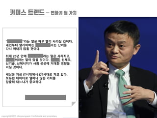 “전자상거래”라는 말은 매우 빨리 사라질 것이다.
내년부터 알리바바는 전자상거래라는 단어를
다시 꺼내지 않을 것이다.
최대 20년 안에 전자상거래라는 말은 사라지고,
신유통이라는 말이 있을 것이다. 신유통, 신제조,
신기술, 신에너지가 사회 곳곳에 거대한 영향을
미칠 것이다.
세상은 지금 IT시대에서 DT시대로 가고 있다.
보유한 데이터로 얼마나 많은 가치를
창출해 내느냐가 중요하다.
잭 마 알리바바(전)
copyright@2019 ohmyeongseok. Confidential and proprietary.
–
 