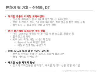 • 대기업 유통의 디지털 포메이션화
• 신세계: 이커머스 분사, DB 마이그레이션, F&B 강화
• 롯데: 이커머스 분사, DB 마이그레이션, 허마셴셩과 협업 매장 구축
• 홈앤쇼핑 등 홈쇼핑사: 모바일 사업 강화
• 전자 상거래의 오프라인 거점 확장
• 거점 오프라인 매장의 확대: 각종 패션 소호몰, 컨셉샵 등
• 물류창고의 확대
• 서비스의 확대: 배달 서비스의 전쟁
• Beyond food: 배달의민족
• 배달로 진출하는 쿠팡잇츠
• 판매 data의 적제 및 머신러닝 고도화
• 보이스 커머스: 롯데 등 스마트 스피커 플레이어
• 챗봇 서비스: 카카오 등
• 새로운 신용 체계의 형성
• 중국의 즈마신용을 벤치마크, 새로운 방식의 신용 증명 시스템
–
copyright@2019 ohmyeongseok. Confidential and proprietary.
 