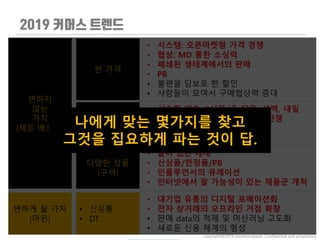 변하지
않는
가치
(제프 베조스)
싼 가격
• 시스템: 오픈마켓형 가격 경쟁
• 협상: MD 통한 소싱력
• 폐쇄된 생태계에서의 판매
• PB
• 불편을 담보로 한 할인
• 사람들이 모여서 구매협상력 증대
빠른 배송
(편의)
• 신속한 배송: 3시간 내, 당일, 새벽, 내일
• 편한 결제: 페이먼트 시스템의 전쟁
• 현장 픽업, 드라이브 쓰루
• 인프라의 극복: 로봇, 드론 배송
다양한 상품
(구색)
• 끝이 없는 매대
• 신상품/한정품/PB
• 인플루언서의 큐레이션
• 인터넷에서 팔 가능성이 있는 제품군 개척
변하게 될 가치
(마윈)
• 신유통
• DT
• 대기업 유통의 디지털 포메이션화
• 전자 상거래의 오프라인 거점 확장
• 판매 data의 적제 및 머신러닝 고도화
• 새로운 신용 체계의 형성
copyright@2019 ohmyeongseok. Confidential and proprietary.
나에게 맞는 몇가지를 찾고
그것을 집요하게 파는 것이 답.
 