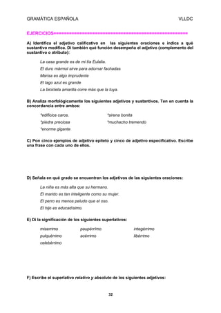 GRAMÁTICA ESPAÑOLA

VLLDC

EJERCICIOS====================================================
A) Identifica el adjetivo calificativo en las siguientes oraciones e indica a qué
sustantivo modifica. Di también qué función desempeña el adjetivo (complemento del
sustantivo o atributo):
La casa grande es de mi tía Eulalia.
El duro mármol sirve para adornar fachadas
Marisa es algo imprudente
El lago azul es grande
La bicicleta amarilla corre más que la tuya.
B) Analiza morfológicamente los siguientes adjetivos y sustantivos. Ten en cuenta la
concordancia entre ambos:
*edificios caros.

*sirena bonita

*piedra preciosa

*muchacho tremendo

*enorme gigante
C) Pon cinco ejemplos de adjetivo epíteto y cinco de adjetivo especificativo. Escribe
una frase con cada uno de ellos.

D) Señala en qué grado se encuentran los adjetivos de las siguientes oraciones:
La niña es más alta que su hermano.
El marido es tan inteligente como su mujer.
El perro es menos peludo que el oso.
El hijo es educadísimo.
E) Di la signifïcación de los siguientes superlativos:
miserrimo

paupérrImo

integérrimo

pulquérrimo

acérrimo

libérrimo

celebérrimo

F) Escribe el superlativo relativo y absoluto de los siguientes adjetivos:

32

 