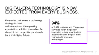 DIGITAL-ERA TECHNOLOGY IS NOW
EXPECTED FROM EVERY BUSINESS.
Companies that weave a technology
strategy to meet
and even exceed these growing
expectations will find themselves far
ahead of the competition—and ready
for a post-digital future.
94%
of 6,672 business and IT execs we
surveyed report the pace of
innovation in their organizations
accelerated over the past three
years due to emerging
technologies.
 