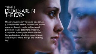 Oracle’s revolutionary new data as a service
(DaaS) delivers a set of solutions that enable
agencies, brands, media platforms and
publishers to use data more effectively.
Companies are empowered with detailed
knowledge about who their customers are,
what they do, where they go and what they
buy.
DETAILS ARE IN
THE DATA
TREND 2
 