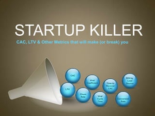 STARTUP KILLER
CAC, LTV & Other Metrics that will make (or break) you




                             CAC
                                                                              ROI by
                                             Viral                             Lead
                                           Coefficient       Time to          Source
                                                             Recover
                       LTV                                    CAC

                                   Churn
                                    Rate             Viral
                                                     Cycle             Conversion
                                                     Time                 Rate
 