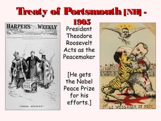 Treaty of PortsmouthTreaty of Portsmouth [NH] -[NH] -
19051905
President
Theodore
Roosevelt
Acts as the
Peacemaker
[He gets
the Nobel
Peace Prize
for his
efforts.]
 