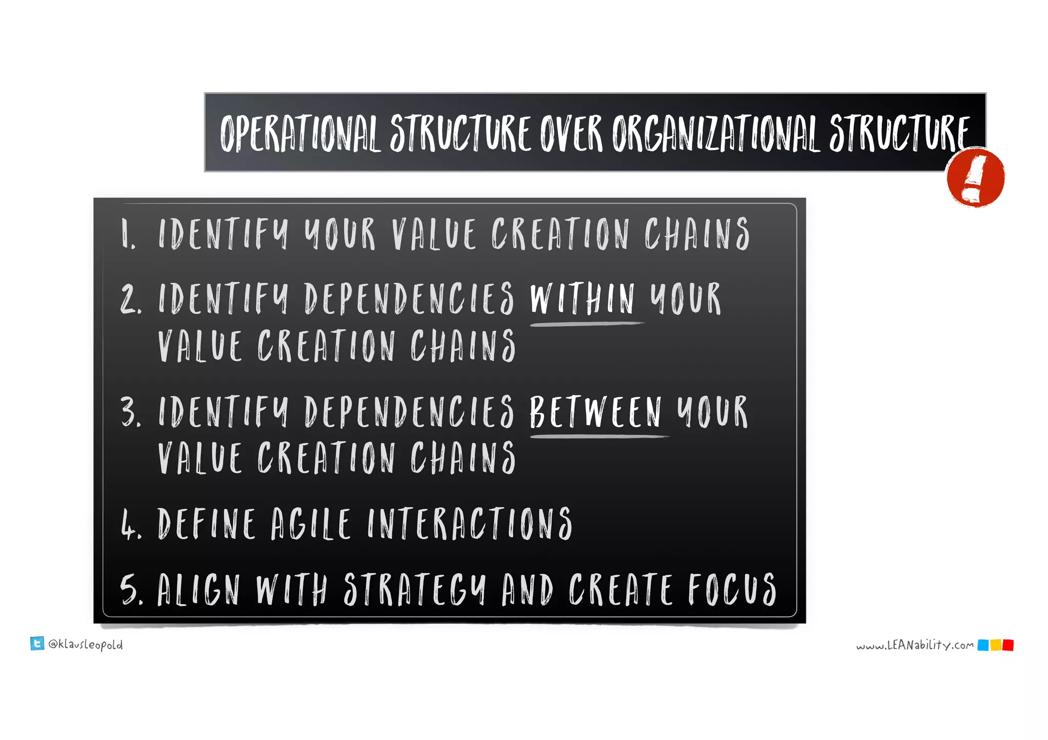 @klausleopold www.LEANability.com
1. Identify your value creation chains
2. Identify dependencies WITHIN your
value creation chains
3. Identify dependencies BETWEEN your
value creation chains
4. Define agile interactions
5. Align with strategy and create focus
operational structure over organizational structure
 