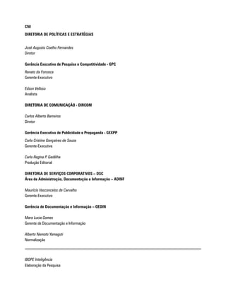 CNI
DIRETORIA DE POLÍTICAS E ESTRATÉGIAS
José Augusto Coelho Fernandes
Diretor
Gerência Executiva de Pesquisa e Competitividade - GPC
Renato da Fonseca
Gerente-Executivo
Edson Velloso
Analista
Diretoria de comunicação - dircom
Carlos Alberto Barreiros
Diretor
Gerência Executiva de Publicidade e Propaganda - GEXPP
Carla Cristine Gonçalves de Souza
Gerente-Executiva
Carla Regina P. Gadêlha
Produção Editorial
DIRETORIA DE SERVIÇOS CORPORATIVOS – DSC
Área de Administração, Documentação e Informação – ADINF
Maurício Vasconcelos de Carvalho
Gerente-Executivo
Gerência de Documentação e Informação – GEDIN
Mara Lucia Gomes
Gerente de Documentação e Informação
Alberto Nemoto Yamaguti
Normalização
IBOPE Inteligência
Elaboração da Pesquisa
 