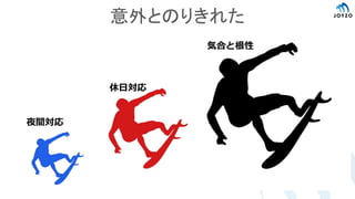 意外とのりきれた
気合と根性
夜間対応
休日対応
 
