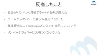 反省したこと
• 自分がパンパンな事をアラートするのが遅れた
• チームからメンバーの状況が見えにくかった
• 作業優先にしてbacklogなどの入力を後回しにしていた
• メンバーがフォローに入りにくくなっていた
 