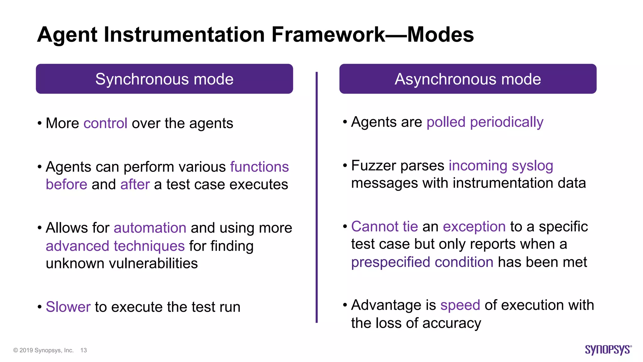 © 2019 Synopsys, Inc. 13
Agent Instrumentation Framework—Modes
• More control over the agents
• Agents can perform various functions
before and after a test case executes
• Allows for automation and using more
advanced techniques for finding
unknown vulnerabilities
• Slower to execute the test run
• Agents are polled periodically
• Fuzzer parses incoming syslog
messages with instrumentation data
• Cannot tie an exception to a specific
test case but only reports when a
prespecified condition has been met
• Advantage is speed of execution with
the loss of accuracy
Synchronous mode Asynchronous mode
 