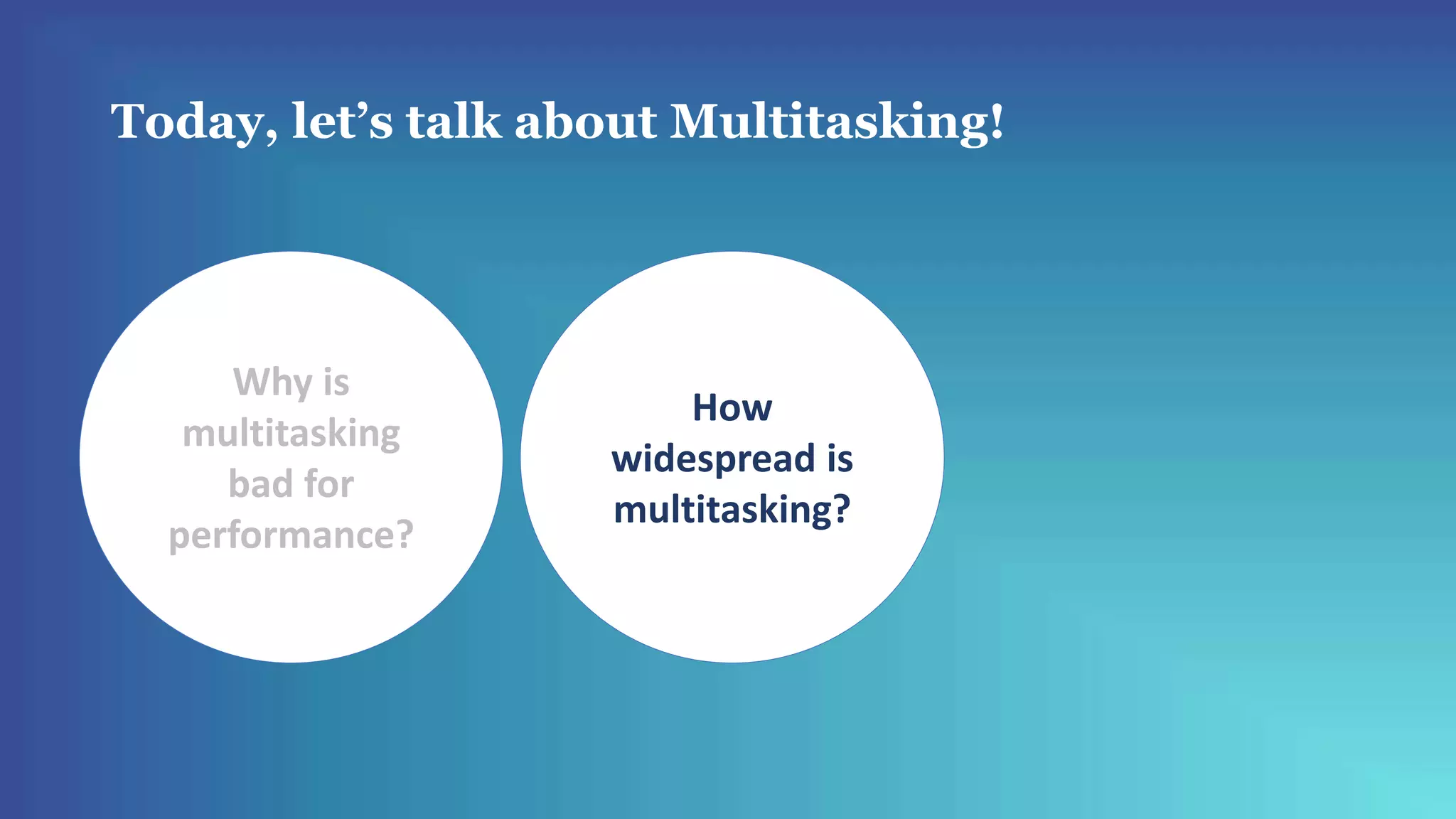 Today, let’s talk about Multitasking!
How
widespread is
multitasking?
Why is
multitasking
bad for
performance?
 