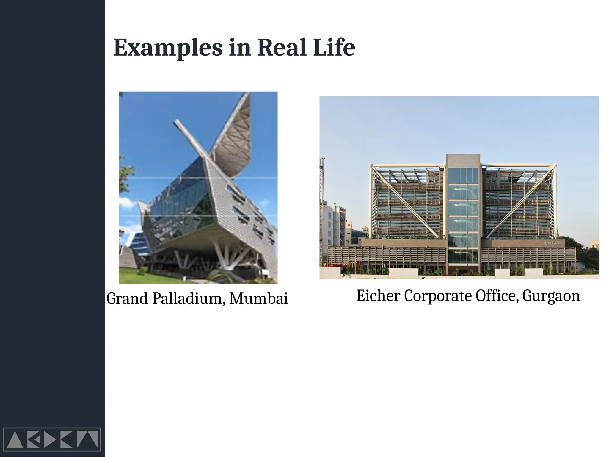 Examples in Real Life
Grand Palladium, Mumbai Eicher Corporate Office, Gurgaon
 