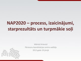 NAP2020 – process, izaicinājumi,
starprezultāts un turpmākie soļi

                   Mārtiņš Krieviņš
        Pārresoru koordinācijas centra vadītājs
                 2012.gada 19.jūnijā
 