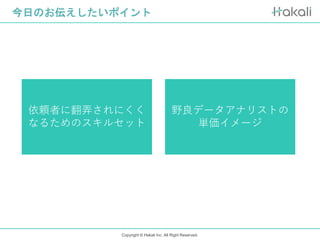Copyright © Hakali Inc. All Right Reserved.
今日のお伝えしたいポイント
依頼者に翻弄されにくく
なるためのスキルセット
野良データアナリストの
単価イメージ
 