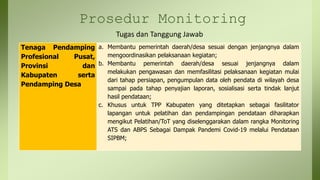 Prosedur Monitoring
Tenaga Pendamping
Profesional Pusat,
Provinsi dan
Kabupaten serta
Pendamping Desa
a. Membantu pemerintah daerah/desa sesuai dengan jenjangnya dalam
mengoordinasikan pelaksanaan kegiatan;
b. Membantu pemerintah daerah/desa sesuai jenjangnya dalam
melakukan pengawasan dan memfasilitasi pelaksanaan kegiatan mulai
dari tahap persiapan, pengumpulan data oleh pendata di wilayah desa
sampai pada tahap penyajian laporan, sosialisasi serta tindak lanjut
hasil pendataan;
c. Khusus untuk TPP Kabupaten yang ditetapkan sebagai fasilitator
lapangan untuk pelatihan dan pendampingan pendataan diharapkan
mengikut Pelatihan/ToT yang diselenggarakan dalam rangka Monitoring
ATS dan ABPS Sebagai Dampak Pandemi Covid-19 melalui Pendataan
SIPBM;
Tugas dan Tanggung Jawab
 
