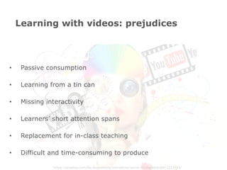 https://pixabay.com/de/illustrations/interaktion-social-media-abstrakt-1233873/
•  Passive consumption
•  Learning from a tin can
•  Missing interactivity
•  Learners’ short attention spans
•  Replacement for in-class teaching
•  Difficult and time-consuming to produce
Learning with videos: prejudices
 