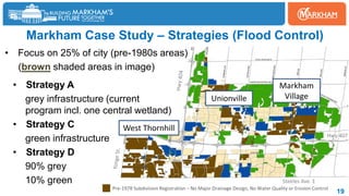Markham Case Study – Strategies (Flood Control)
• Focus on 25% of city (pre-1980s areas)
(brown shaded areas in image)
19
• Strategy A
grey infrastructure (current
program incl. one central wetland)
• Strategy C
green infrastructure
• Strategy D
90% grey
10% green
West Thornhill
Unionville
Markham
Village
Steeles Ave. E
Hwy 407
Pre-1978 Subdivision Registration – No Major Drainage Design, No Water Quality or Erosion Control
 