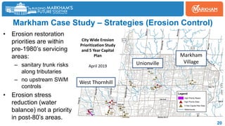Markham Case Study – Strategies (Erosion Control)
• Erosion restoration
priorities are within
pre-1980’s servicing
areas:
– sanitary trunk risks
along tributaries
– no upstream SWM
controls
• Erosion stress
reduction (water
balance) not a priority
in post-80’s areas.
20
West Thornhill
Unionville
Markham
Village
City Wide Erosion
Prioritization Study
and 5 Year Capital
Plan
April 2019
 
