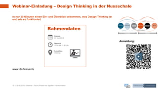 15 | 26.06.2019 |
Webinar-Einladung – Design Thinking in der Nussschale
In nur 30 Minuten einen Ein- und Überblick bekommen, was Design-Thinking ist
und wie es funktioniert
www.t-h.de/events
Webinar – Sechs Phasen der digitalen Transformation
Anmeldung:
 