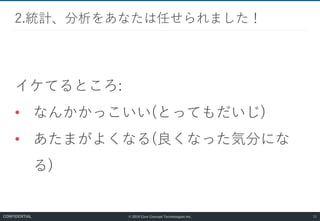 © 2019 Core Concept Technologies Inc.
イケてるところ:
• なんかかっこいい(とってもだいじ)
• あたまがよくなる(良くなった気分にな
る)
2.統計、分析をあなたは任せられました！
11CONFIDENTIAL
 