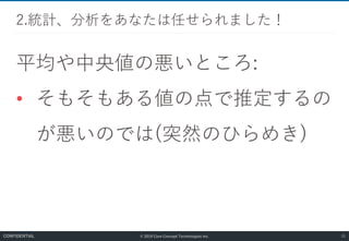 © 2019 Core Concept Technologies Inc.
平均や中央値の悪いところ:
• そもそもある値の点で推定するの
が悪いのでは(突然のひらめき)
2.統計、分析をあなたは任せられました！
21CONFIDENTIAL
 