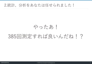 © 2019 Core Concept Technologies Inc.
やったあ！
385回測定すれば良いんだね！？
2.統計、分析をあなたは任せられました！
27CONFIDENTIAL
 