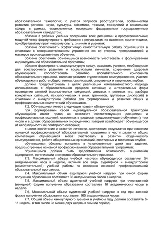 образовательной технологии) с учетом запросов работодателей, особенностей
развития региона, науки, культуры, экономики, техники, технологий и социальной
сферы в рамках, установленных настоящим федеральным государственным
образовательным стандартом;
      обязано в рабочих учебных программах всех дисциплин и профессиональных
модулей четко формулировать требования к результатам их освоения: компетенциям,
приобретаемому практическому опыту, знаниям и умениям;
      обязано обеспечивать эффективную самостоятельную работу обучающихся в
сочетании с совершенствованием управления ею со стороны преподавателей и
мастеров производственного обучения;
      обязано обеспечить обучающимся возможность участвовать в формировании
индивидуальной образовательной программы;
      обязано формировать социокультурную среду, создавать условия, необходимые
для всестороннего развития и социализации личности, сохранения здоровья
обучающихся,       способствовать     развитию      воспитательного    компонента
образовательного процесса, включая развитие студенческого самоуправления, участие
обучающихся в работе общественных организаций, спортивных и творческих клубов;
      должно предусматривать в целях реализации компетентностного подхода
использование в образовательном процессе активных и интерактивных форм
проведения занятий (компьютерных симуляций, деловых и ролевых игр, разбора
конкретных ситуаций, психологических и иных тренингов, групповых дискуссий) в
сочетании с внеаудиторной работой для формирования и развития общих и
профессиональных компетенций обучающихся.
      7.2. Обучающиеся имеют следующие права и обязанности:
      при формировании своей индивидуальной образовательной траектории
обучающийся имеет право на перезачет соответствующих дисциплин и
профессиональных модулей, освоенных в процессе предшествующего обучения (в том
числе и в других образовательных учреждениях), который освобождает обучающегося
от необходимости их повторного освоения;
      в целях воспитания и развития личности, достижения результатов при освоении
основной профессиональной образовательной программы в части развития общих
компетенций     обучающиеся     могут   участвовать   в   развитии  студенческого
самоуправления, работе общественных организаций, спортивных и творческих клубов;
      обучающиеся обязаны выполнять в установленные сроки все задания,
предусмотренные основной профессиональной образовательной программой;
      обучающимся должна быть предоставлена возможность оценивания
содержания, организации и качества образовательного процесса.
      7.3. Максимальный объем учебной нагрузки обучающегося составляет 54
академических часа в неделю, включая все виды аудиторной и внеаудиторной
(самостоятельной) учебной работы по освоению основной профессиональной
образовательной программы.
      7.4. Максимальный объем аудиторной учебной нагрузки при очной форме
получения образования составляет 36 академических часов в неделю.
      7.5. Максимальный объем аудиторной учебной нагрузки при очно-заочной
(вечерней) форме получения образования составляет 16 академических часов в
неделю.
      7.6. Максимальный объем аудиторной учебной нагрузки в год при заочной
форме получения образования составляет 160 академических часов.
      7.7. Общий объем каникулярного времени в учебном году должен составлять 8-
11 недель, в том числе не менее двух недель в зимний период.
 