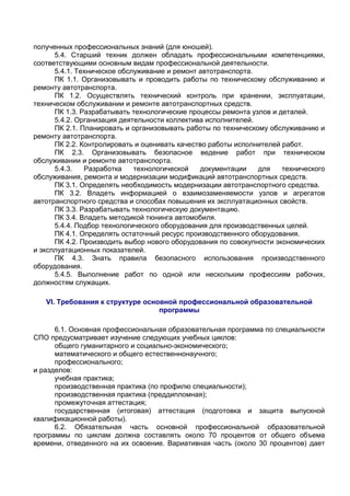 полученных профессиональных знаний (для юношей).
      5.4. Старший техник должен обладать профессиональными компетенциями,
соответствующими основным видам профессиональной деятельности.
      5.4.1. Техническое обслуживание и ремонт автотранспорта.
      ПК 1.1. Организовывать и проводить работы по техническому обслуживанию и
ремонту автотранспорта.
      ПК 1.2. Осуществлять технический контроль при хранении, эксплуатации,
техническом обслуживании и ремонте автотранспортных средств.
      ПК 1.3. Разрабатывать технологические процессы ремонта узлов и деталей.
      5.4.2. Организация деятельности коллектива исполнителей.
      ПК 2.1. Планировать и организовывать работы по техническому обслуживанию и
ремонту автотранспорта.
      ПК 2.2. Контролировать и оценивать качество работы исполнителей работ.
      ПК 2.3. Организовывать безопасное ведение работ при техническом
обслуживании и ремонте автотранспорта.
      5.4.3.   Разработка    технологической   документации    для    технического
обслуживания, ремонта и модернизации модификаций автотранспортных средств.
      ПК 3.1. Определять необходимость модернизации автотранспортного средства.
      ПК 3.2. Владеть информацией о взаимозаменяемости узлов и агрегатов
автотранспортного средства и способах повышения их эксплуатационных свойств.
      ПК 3.3. Разрабатывать технологическую документацию.
      ПК 3.4. Владеть методикой тюнинга автомобиля.
      5.4.4. Подбор технологического оборудования для производственных целей.
      ПК 4.1. Определять остаточный ресурс производственного оборудования.
      ПК 4.2. Производить выбор нового оборудования по совокупности экономических
и эксплуатационных показателей.
      ПК 4.3. Знать правила безопасного использования производственного
оборудования.
      5.4.5. Выполнение работ по одной или нескольким профессиям рабочих,
должностям служащих.

   VI. Требования к структуре основной профессиональной образовательной
                                  программы

      6.1. Основная профессиональная образовательная программа по специальности
СПО предусматривает изучение следующих учебных циклов:
      общего гуманитарного и социально-экономического;
      математического и общего естественнонаучного;
      профессионального;
и разделов:
      учебная практика;
      производственная практика (по профилю специальности);
      производственная практика (преддипломная);
      промежуточная аттестация;
      государственная (итоговая) аттестация (подготовка и защита выпускной
квалификационной работы).
      6.2. Обязательная часть основной профессиональной образовательной
программы по циклам должна составлять около 70 процентов от общего объема
времени, отведенного на их освоение. Вариативная часть (около 30 процентов) дает
 
