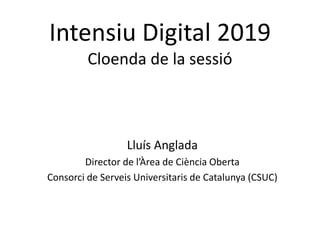 Intensiu Digital 2019
Cloenda de la sessió
Lluís Anglada
Director de l’Àrea de Ciència Oberta
Consorci de Serveis Universitaris de Catalunya (CSUC)
 