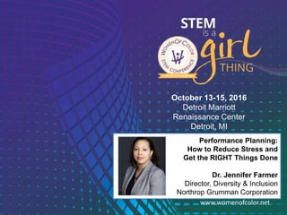 1 www.womenofcolor.netwww.womenofcolor.net
October 13-15, 2016
Detroit Marriott
Renaissance Center
Detroit, MI
Performance Planning:
How to Reduce Stress and
Get the RIGHT Things Done
Dr. Jennifer Farmer
Director, Diversity & Inclusion
Northrop Grumman Corporation
 