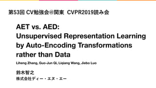 AET vs. AED:
Unsupervised Representation Learning
by Auto-Encoding Transformations
rather than Data
250
1 0 39 0
Liheng Zhang, Guo-Jun Qi, Liqiang Wang, Jiebo Luo
 