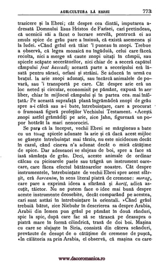 A GR1 CULT DE A LA EBREI 77
trazicere 0 la Ebrei; cat despre cea dintai, imputarea a-
dresata Domnului Iisus Hristos de Farisei, cari pretindeau,
ca ucenicii sai a facut o lucrare servild, p entruca ei au
zmuls spice de grau pare a Insinua, ca exista asemenea 0
la Iudei. 4 and grail' era taiat '1 puneau In znopi. Trebue
a observa, ca legea mozaica nu Ingaduia, celui care faceI
recolta, nici a merge sa caute znopi uitati in campii, sau
spicele scapate seceratorilor, nici chiar de a secera, capatul
campului feat hascadi; aceasta parte a secer4ului era la--
sata pentru saraci, orfani i straini. Se aducea in urma cu
bratul. la arie znopi adunati, sau Incarca animalele de po
vara, sau 'i transporta pe care. Cat despre arie era un
loc neted §i circular, economisiI pe pamant, expusa In aer-
liber, chiar In mijlocul campului Si In partea cea. mai Inal-
tata,r Pe aceasta suprafata plana Ingramadea znopi de grau
spre a-i calca sau a-i bate, Intrebuintare, care a procurat
o frumoasa figura profetilor Vechiului Testament. «Ace§ti
znopi astfel gramaditi pe arie, zice Jahn, figureaza un po-,
por hotarat la mari nenorociri.
Se pare ca la lnceput, vechii Ebrei se margineau a bate
cu un toiag spicele adunate la arie §i ca daca acest mijloc
se gase§te intrebuintat mai tarziu, nu este nicidecum cleat
In cazul, cand cineva n'a adunat cleat o mica catatime
de spice. Dar adeseaori se slujeau de boi, spre a face sa
iasa samanta de grail. Deci, aceste animale de ordinar
calcau cu picioarele paele sau tragea un instrument oare-
care, care facea efectul batatoarelor noastre. Cat despre
instrumentele, intrebuintate de vechii Ebrei spre acest sfar-
0t, era barcanim, in sens literal piatra de cremene: morag,
care pare a exprima ideea a sfarama qi harif, adica as-
cutit, taietor. Nu ne putem face o idee mai buna despre
aceste instrumente deosebite, decat comparand pe acestea,
cari sunt astazi in intrebuintare la orientali. »and graul
trebuia batut, zice Niebuhr in descrierea sa despre Arabia,
Arabii din Iemen pun graul pe pamant in cloud randuri,
spic la spic, dui:4 care fac sä se tarasca pe deasupra o
piatra mare in forma cilindrica, trasa de doi boi. Ma0na
cu care se sluja0e in Siria, consista din cateva scanduri,
prevazute de desupt de o catatime de cremene de puFa,,
4In calatoria sa prin Arabia, el observa, ca marina cu care-
www.dacoromanica.ro
 