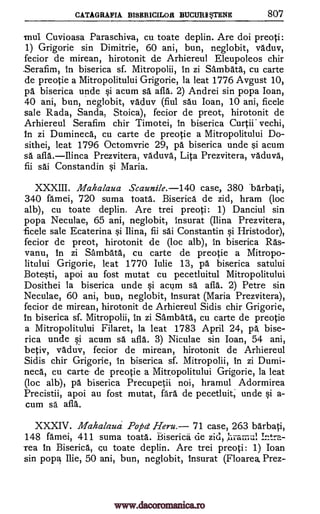 CATAGRAFIA BISBRICILOR BUCURESTENE 807
rnul. Cuvioasa Paraschiva, cu toate deplin. Are doi preoti:
1) Grigorie sin Dimitrie, 60 ani, bun, neglobit, vaduv,
fecior de mirean, hirotonit de Arhiereul Eleupoleos chir
.Serafim, in biserica sf. Mitropolii, in zi Sambata, cu carte
de preotie a Mitropolitului Grigorie, la leat 1776 Avgust 10,
pa biserica unde si acum sa afla. 2) Andrei sin popa loan,
40 ani, bun, neglobit, vaduv (fiul sau Ioan, 10 ani, ficele
sale Rada, Sanda, Stoica), fecior de preot, hirotonit de
Arhiereul Serafim chir Timotei, in biserica Curtii. vechi,
in zi Dumineca, cu carte de preotie a Mitropolitului Do-
sithei, leat 1796 Octomvrie 29, pa biserica unde si acum
sa afla.Ilinca Prezvitera, vaduva, Lita Prezvitera, vaduva,
fii sai Constandin si Maria.
XXXII'. Mahalaua Scaunile.-140 case, 380 -barbati,
340 famei, 720 suma toata. Biserica de zid, hram (loc
alb), cu toate deplin. Are trei preoti: 1) Danciul sin
popa Neculae, 65 ani, neglobit, insurat (Bina Prezvitera,
ficele sale Ecaterina si Ilina, fii sai Constantin si Hristodor),
fecior de preot, hirotonit de (loc alb), in biserica Ras-
vanu, In zi Sambata, cu carte de preotie a IVIitropo-
litului Grigorie, leat 1770 Julie 13, pa biserica satului
Botesti, apoi au fost mutat cu pecetluitul Mitropolitului
Dosithei la biserica unde si acum sa afla. 2) Petre sin
Neculae, 60 ani, bun, neglobit, Insurat (Maria Prezvitera),
fecior de mirean, hirotonit de Arhiereul Sidis chir Grigorie,
In biserica sf. Mitropolii, in zi Sambata, cu carte de preotie
a Mitropolitului Filaret, la leat 1783 April 24, pa bise-
rica unde si acum sa afla. 3) Niculae sin loan, 54 ani,
betiv, vaduv, fecior de mirean, hirotonit de Arhiereul
Sidis chir Grigorie, in biserica sf. Mitropolii, in zi Dumi-
neca, cu carte de preotie a Mitropolitului Grigorie, la leat
(loc alb), pa biserica Precupetii noi, hramul Adormirea
Precistii, apoi au fost mutat, fa'ra de pecetluit, unde si a-
cum sa afla.
XXXIV. Mahalaud Popd Meru. 71 case, 263 barbati,
148 famei, 411 suma toata. Biserica de zicl, Intra-
Tea In Biserica, cu toate deplin. Are trei preoti: 1) Ioan
sin poN Ilie, 50 ani, bun, neglobit, Insurat (Floarea, Prez-
'Ar-am-al
www.dacoromanica.ro
 